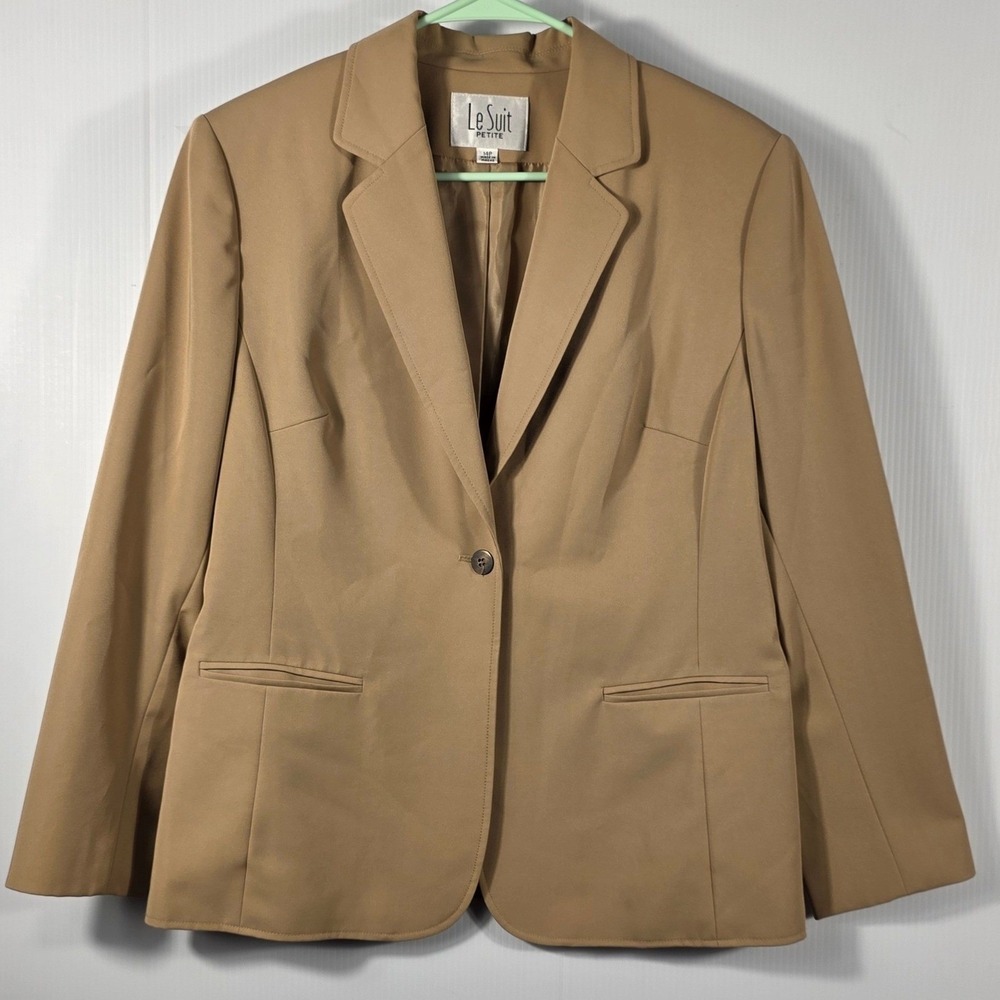 Le Suit Petite Womens Tan Camel Single Button Blazer Jacket Size 14 Professional